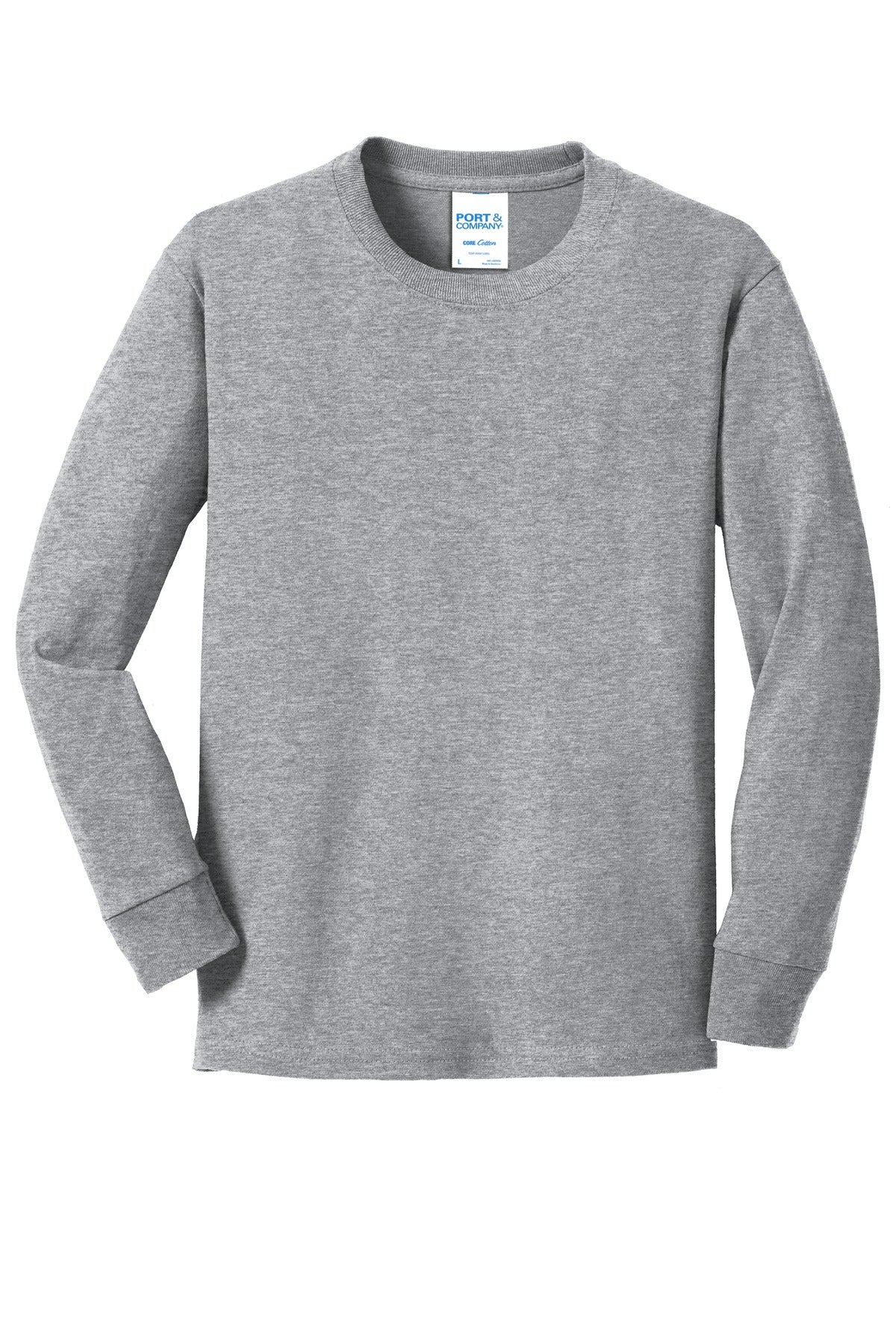 Front View of Athl Heather Port & Company Youth Long Sleeve Core Cotton Tee. PC54YLS