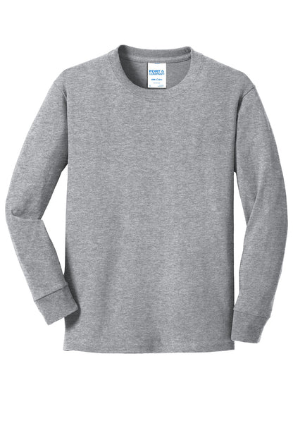 Front View of Athl Heather Port & Company Youth Long Sleeve Core Cotton Tee. PC54YLS