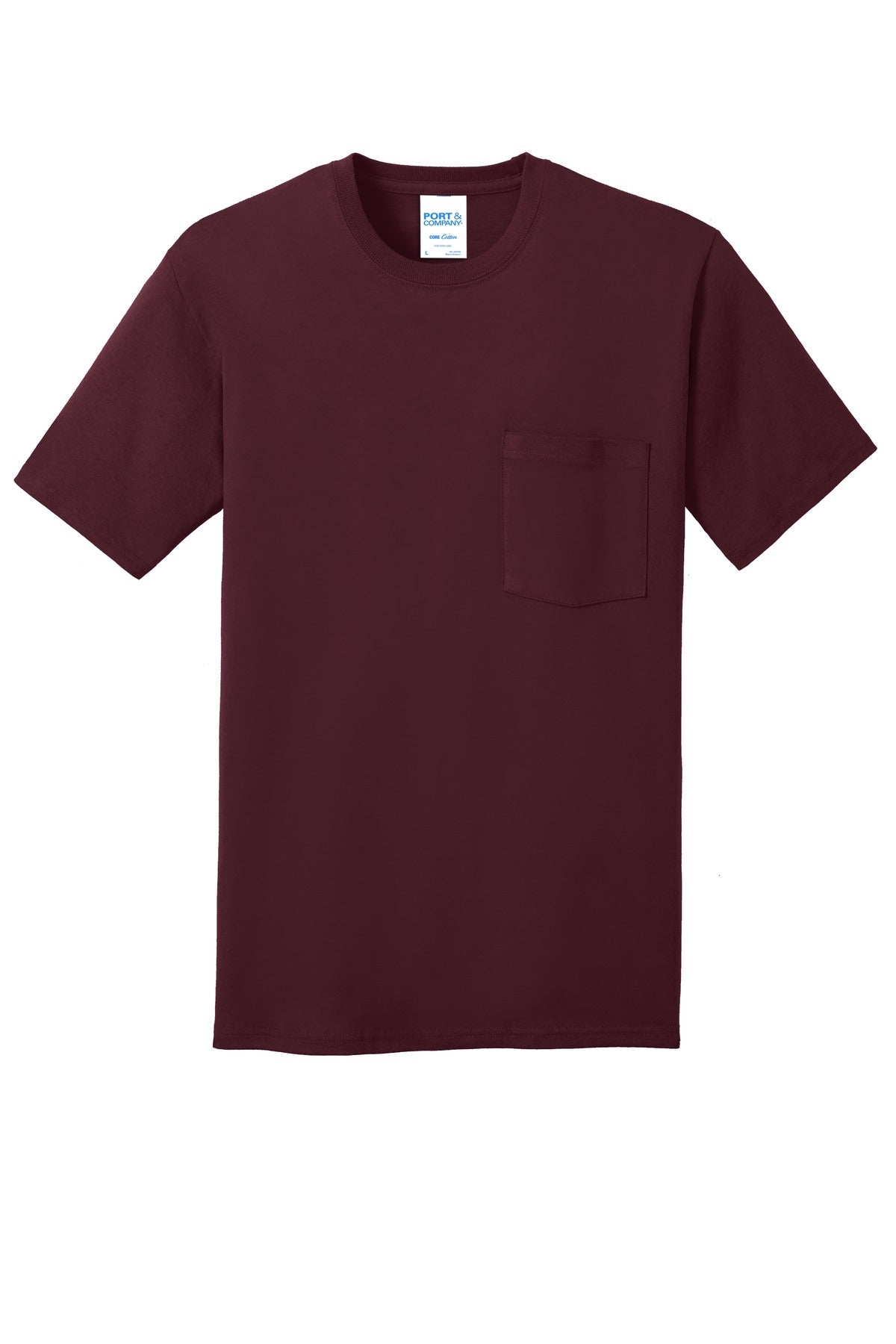 Front View of Athl Maroon Port & Company Core Cotton Pocket Tee. PC54P