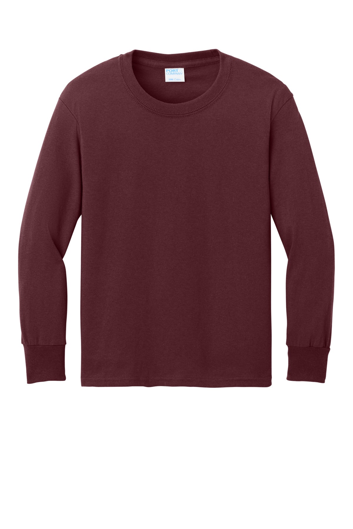 Front View of Athl Maroon Port & Company Youth Long Sleeve Core Cotton Tee. PC54YLS