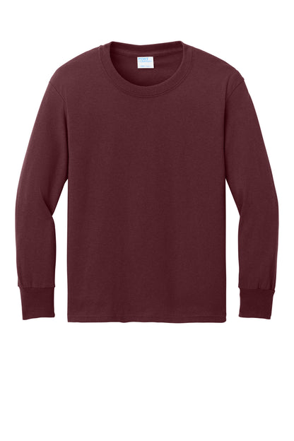 Front View of Athl Maroon Port & Company Youth Long Sleeve Core Cotton Tee. PC54YLS