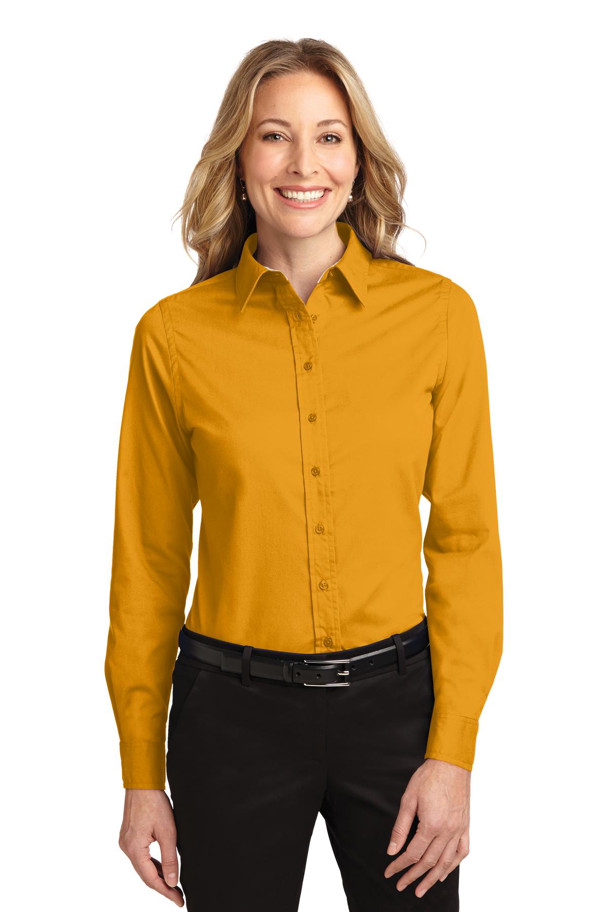 Front View of Athletic Gold Port Authority Women's Long Sleeve Easy Care Shirt. L608