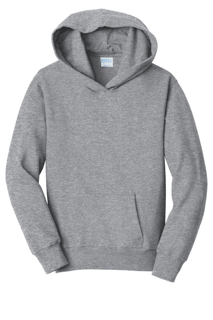 Front View of Athletic Hthr Port & Company Youth Fan Favorite Fleece Pullover Hooded Sweatshirt. PC850YH