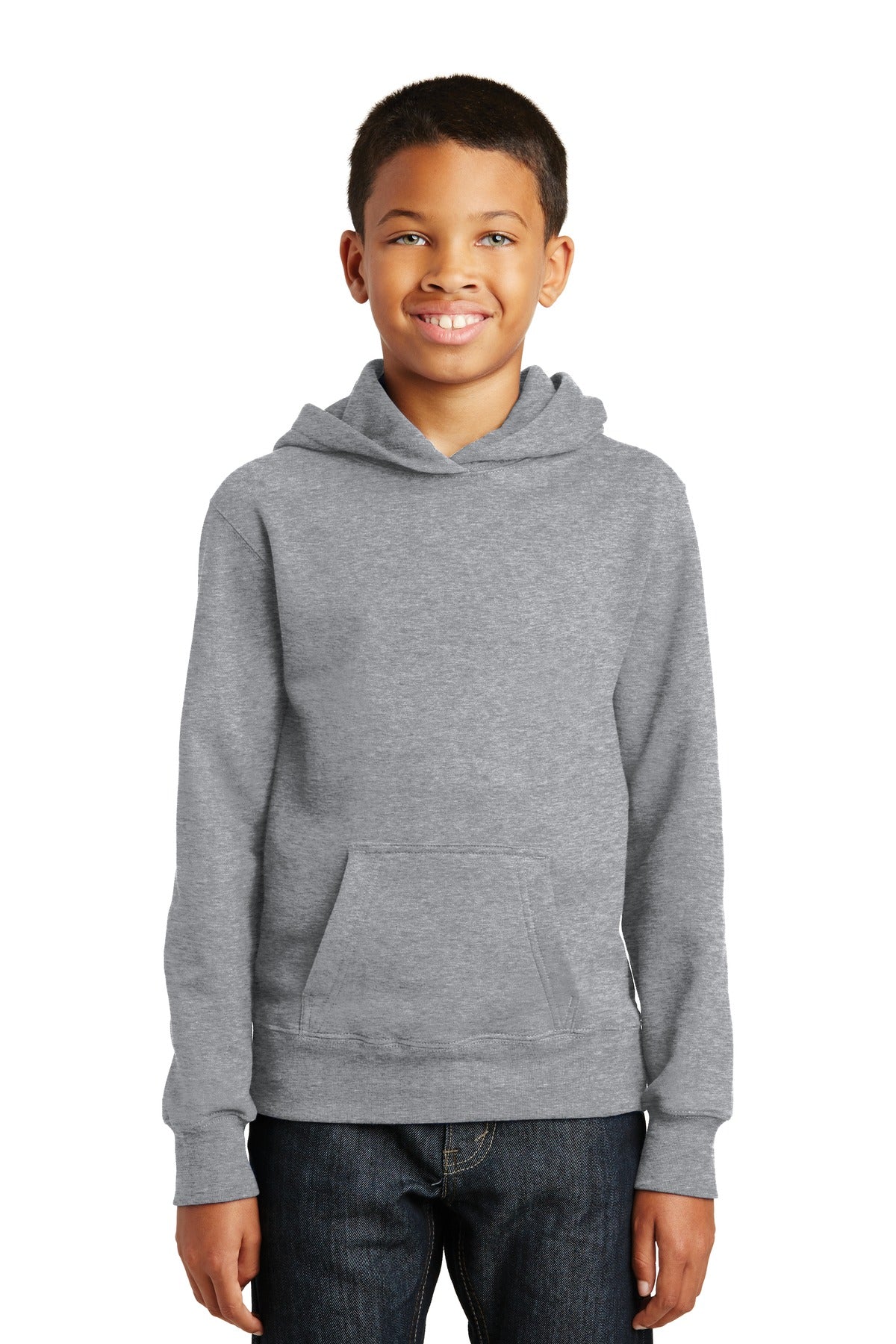 Front View of Athletic Hthr Port & Company Youth Fan Favorite Fleece Pullover Hooded Sweatshirt. PC850YH