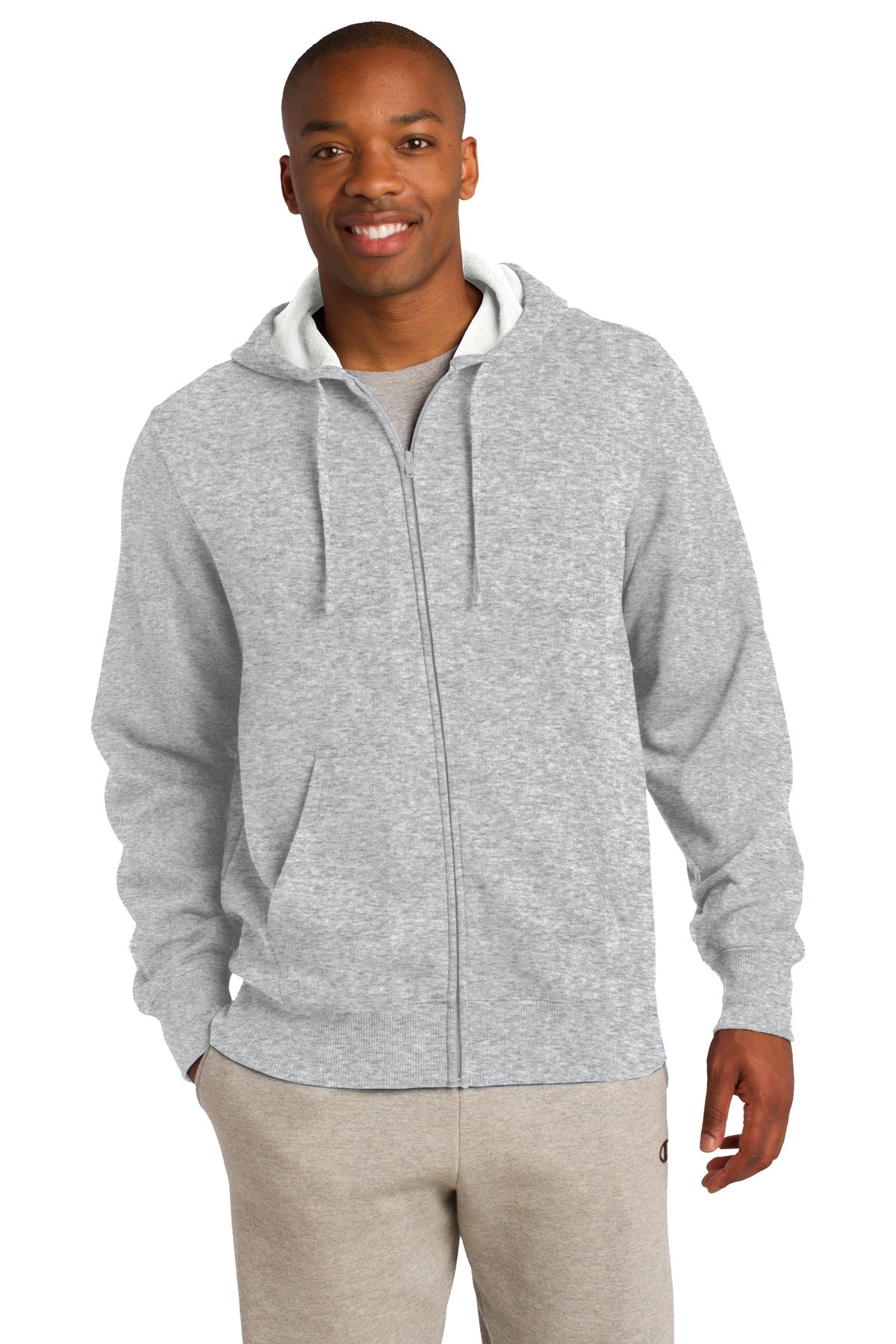 Front View of Athletic Hthr Sport-Tek Full-Zip Hooded Sweatshirt. ST258