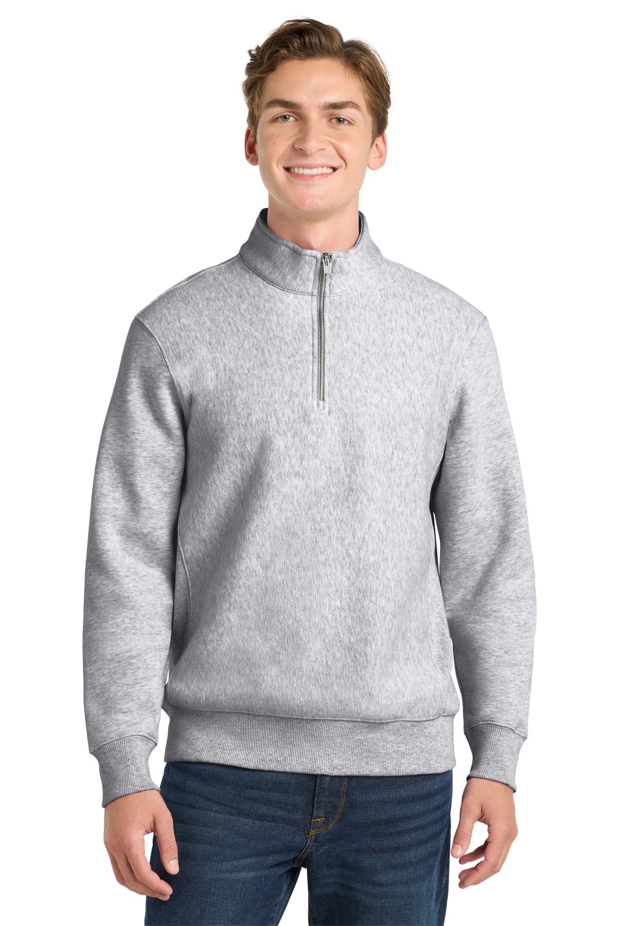 Front View of Athletic Hthr Sport-Tek Super Heavyweight 1/4-Zip Pullover Sweatshirt. ST283