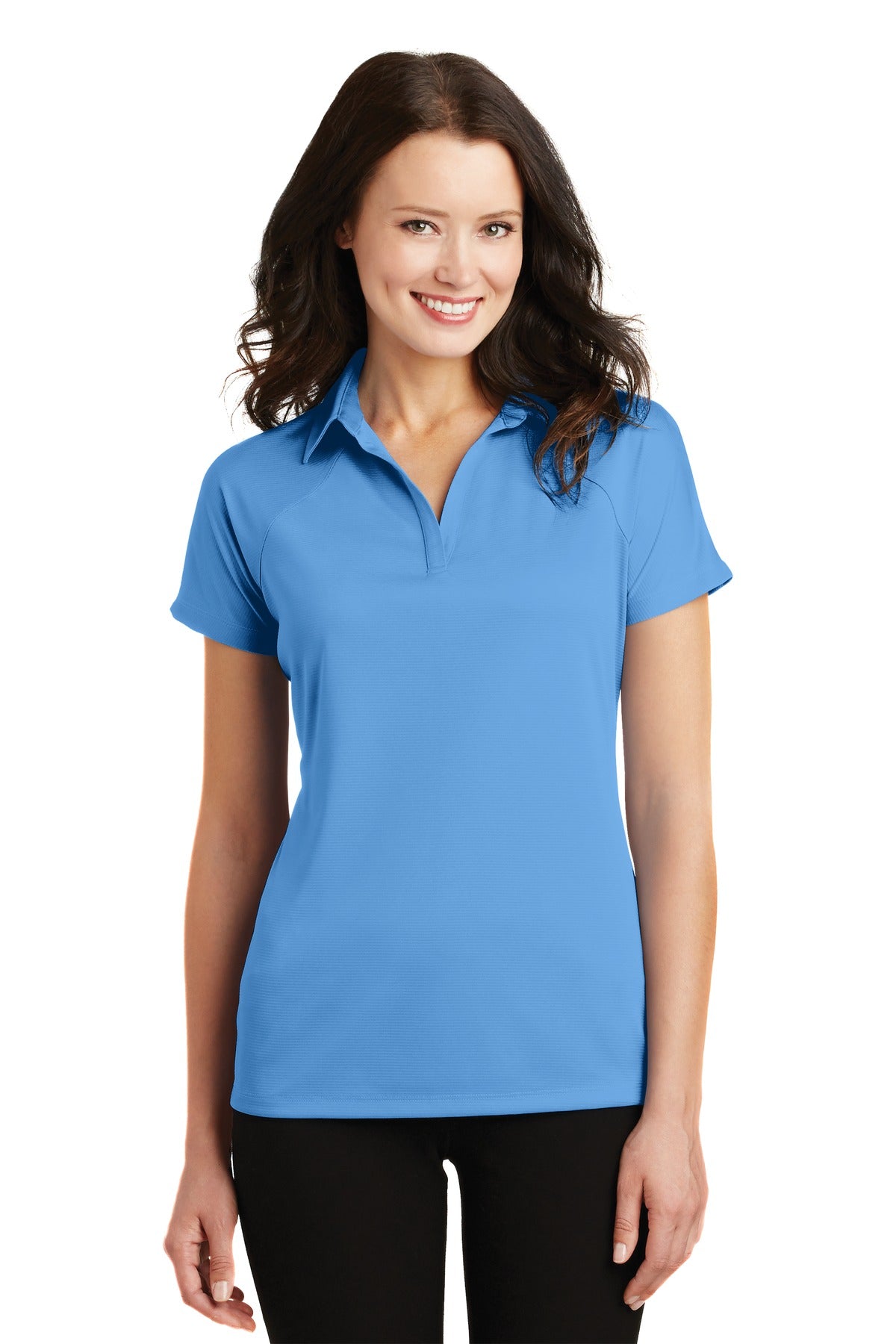 Front View of Azure Blue Port Authority Women's Crossover Raglan Polo. L575