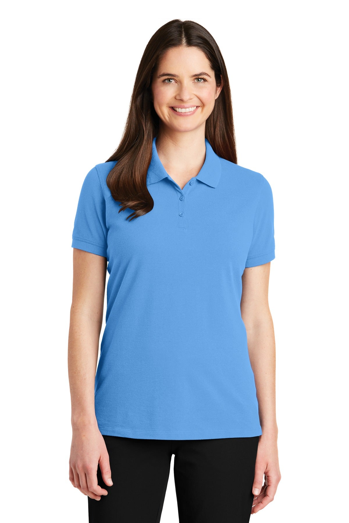 Front View of Azure Blue Port Authority Women's EZCotton Polo. LK8000