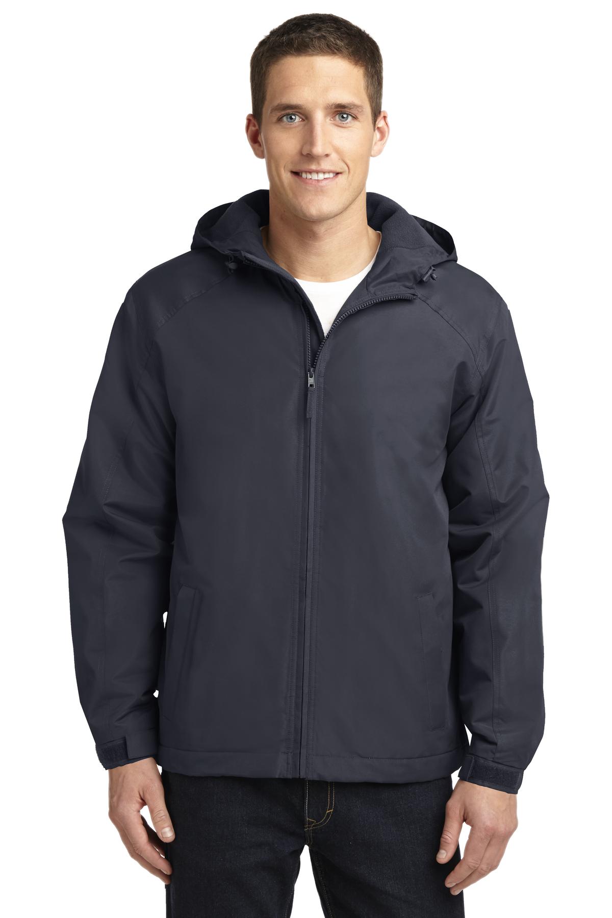 Front View of Batlshp Grey Port Authority Hooded Charger Jacket. J327