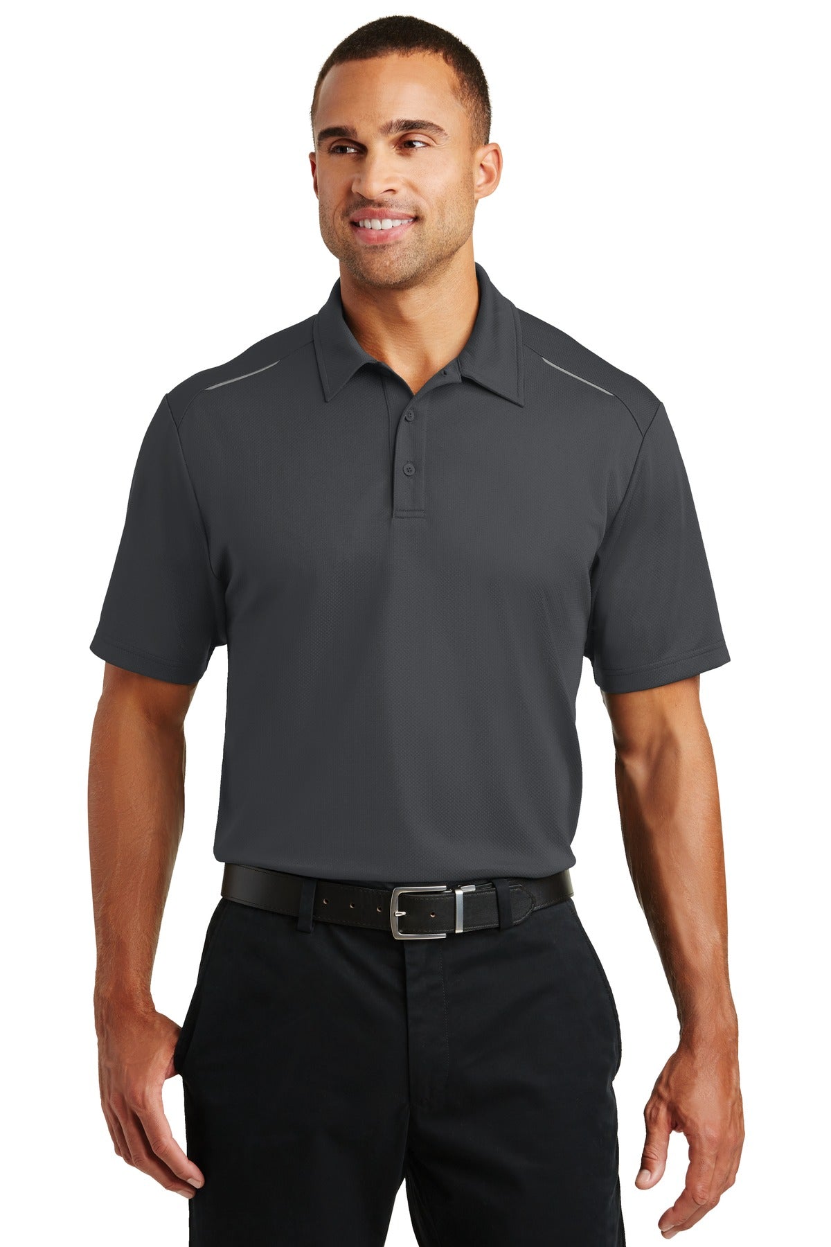 Front View of Battleship Gry Port Authority Pinpoint Mesh Polo. K580