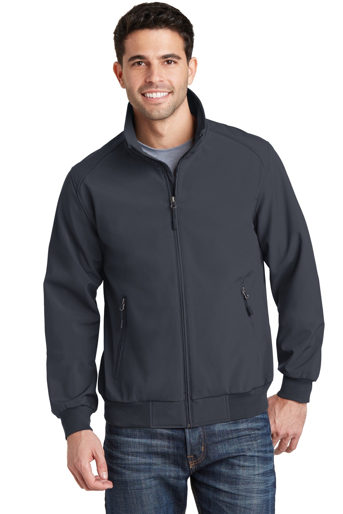 Front View of Battleship Gry Port Authority Soft Shell Bomber Jacket. J337
