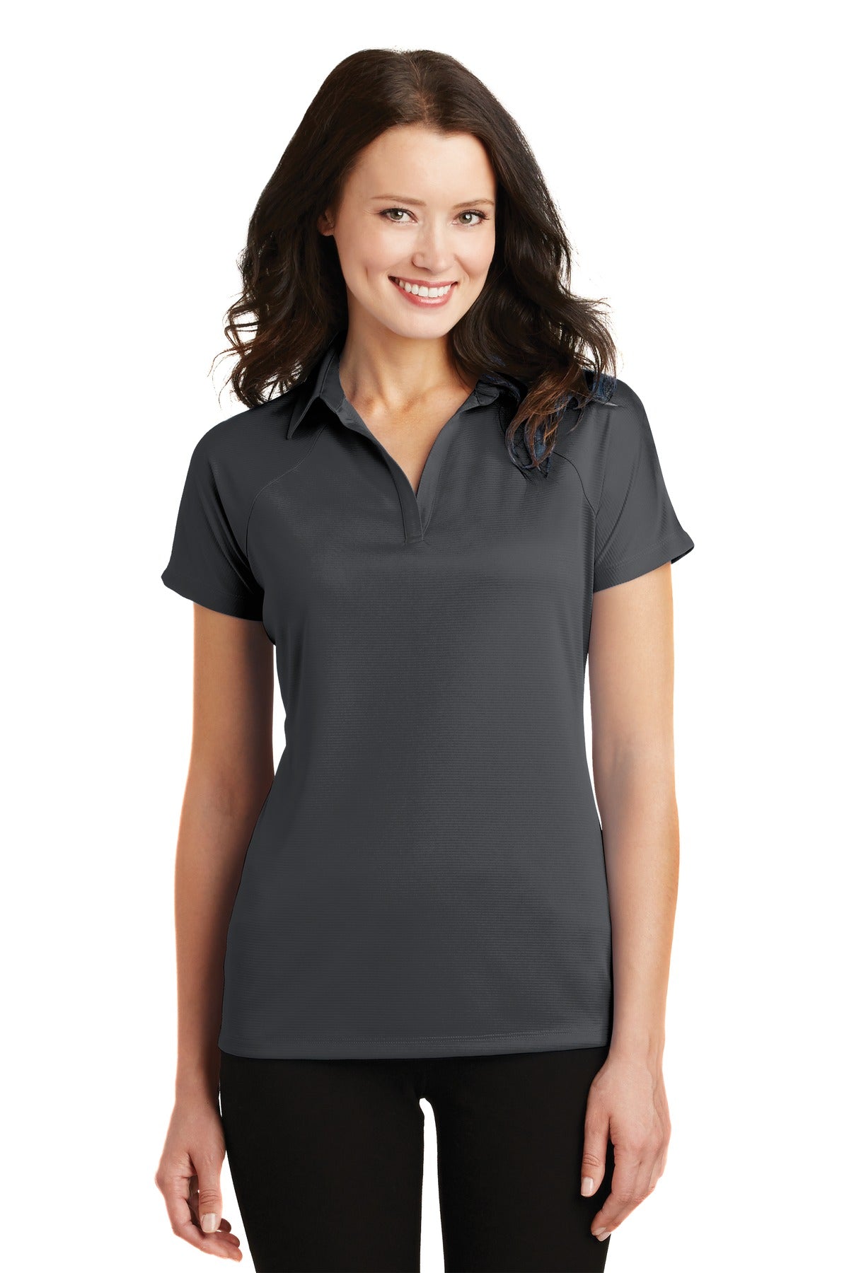 Front View of Battleship Gry Port Authority Women's Crossover Raglan Polo. L575
