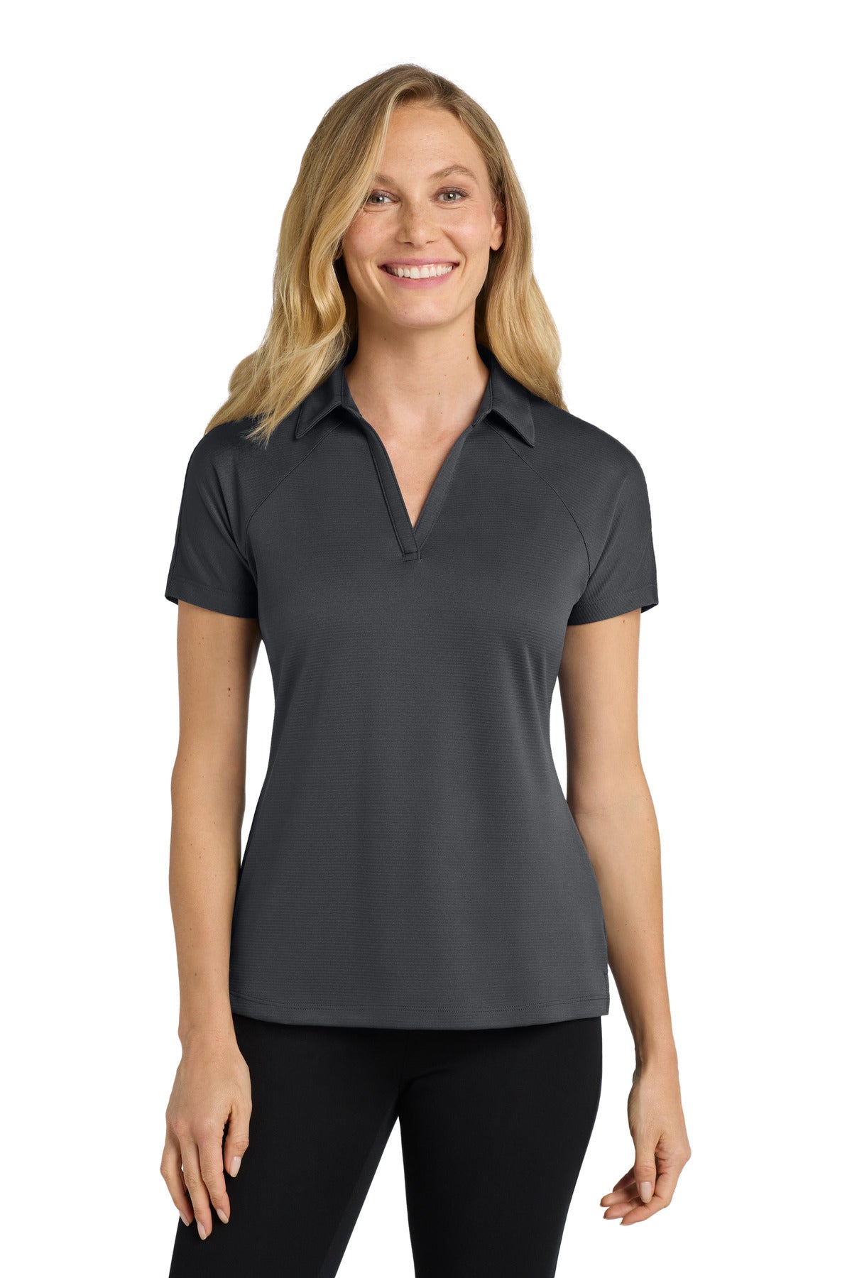 Front View of Battleship Gry Port Authority Women's Crossover Raglan Polo. L575
