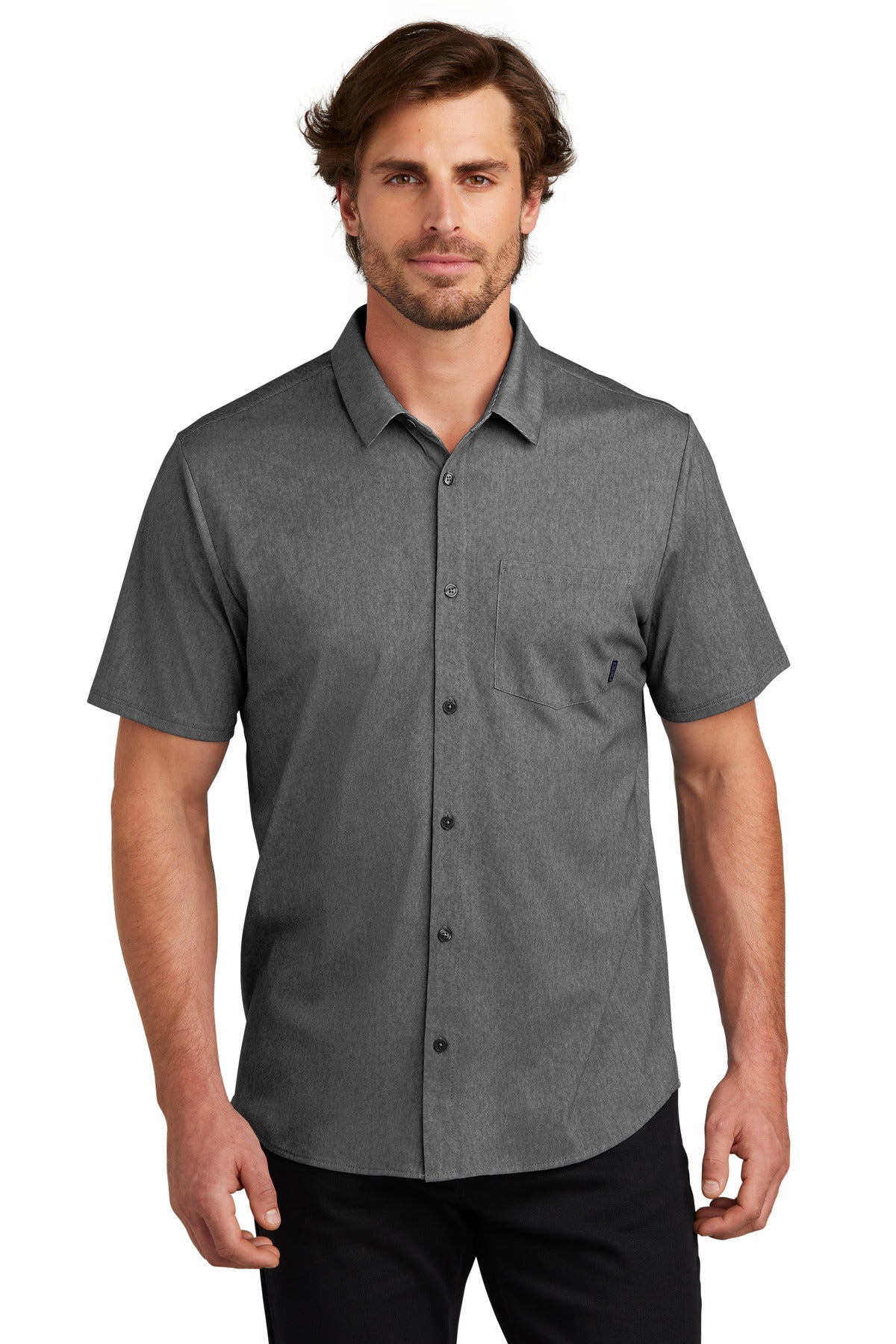 Front View of BktpHthr OGIO Extend Short Sleeve Button-Up OG160