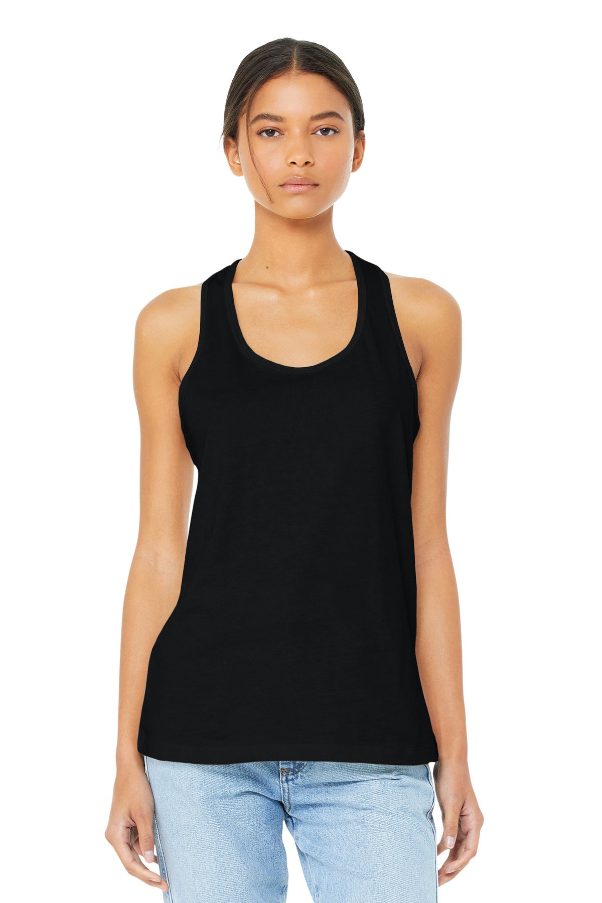 Front View of Black BELLA+CANVAS Women's Jersey Racerback Tank. BC6008