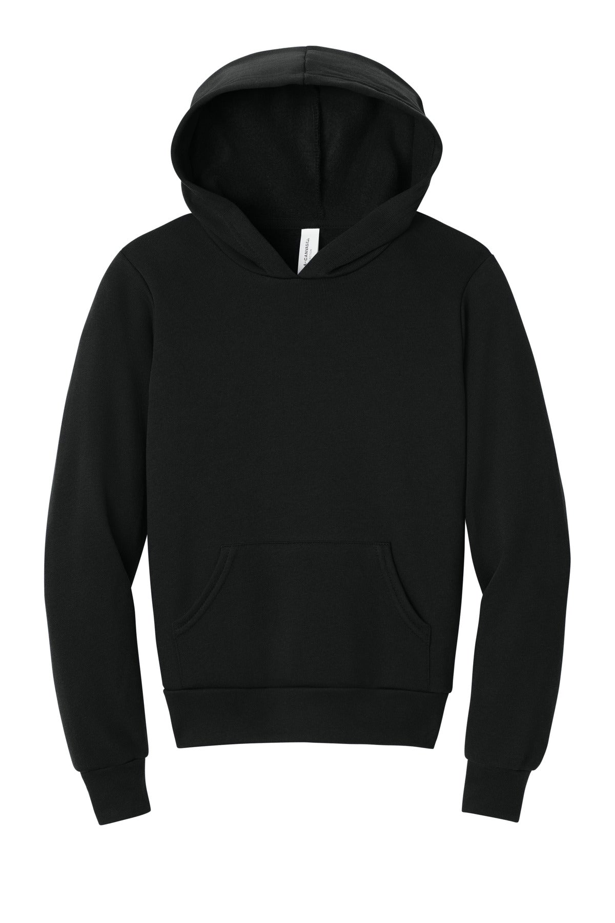 Front View of Black BELLA+CANVAS Youth Sponge Fleece Pullover Hoodie BC3719Y
