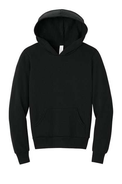 Front View of Black BELLA+CANVAS Youth Sponge Fleece Pullover Hoodie BC3719Y
