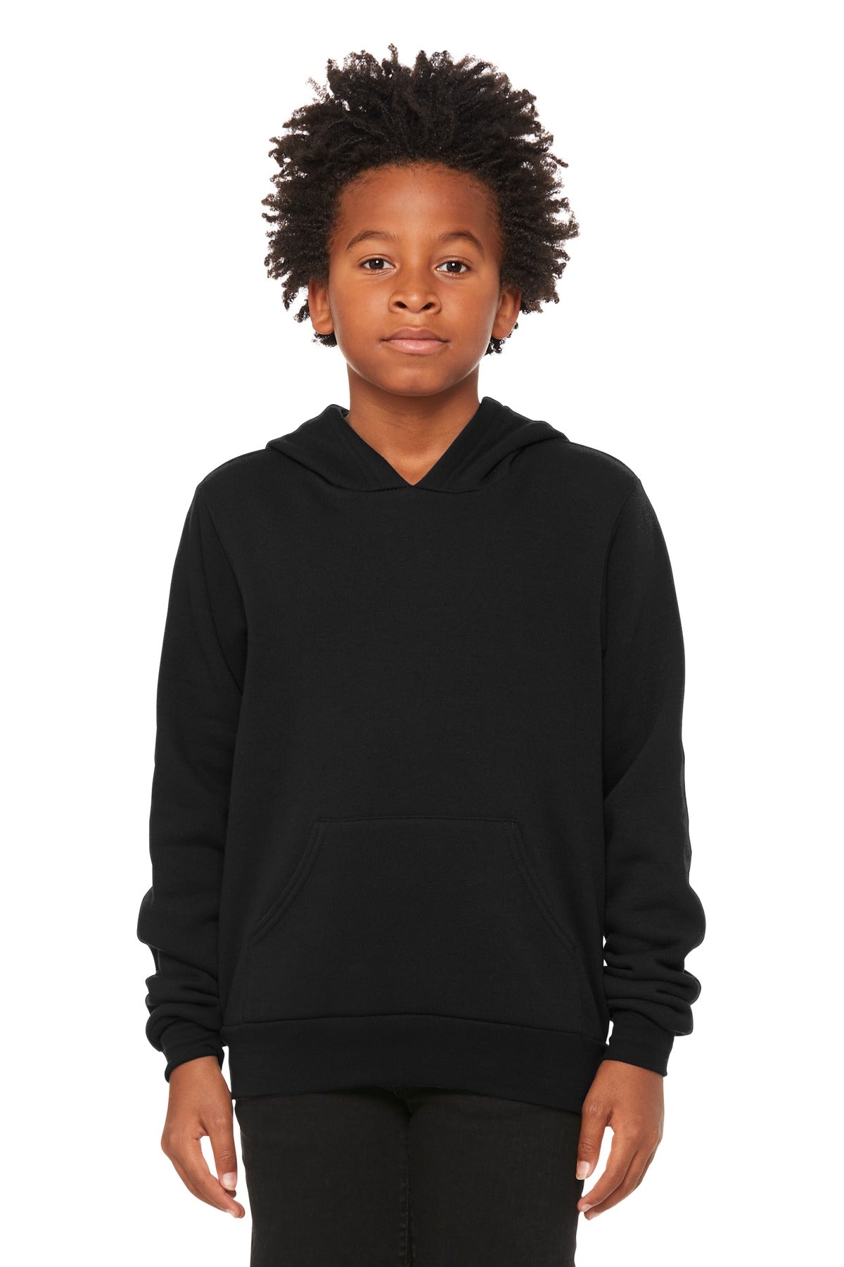 Front View of Black BELLA+CANVAS Youth Sponge Fleece Pullover Hoodie BC3719Y