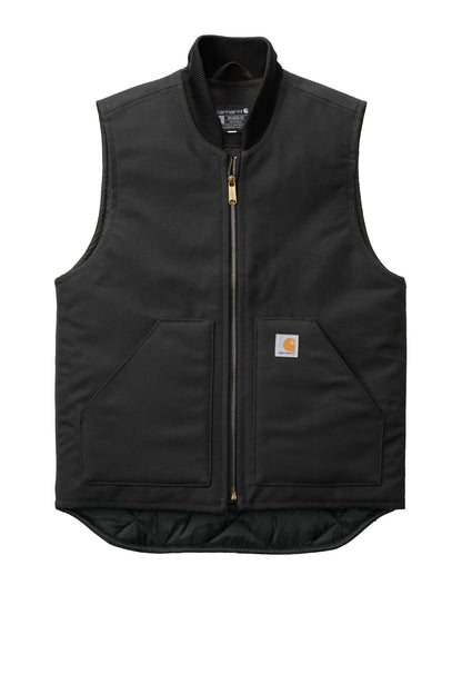 Front View of Black Carhartt Duck Vest. CT106676