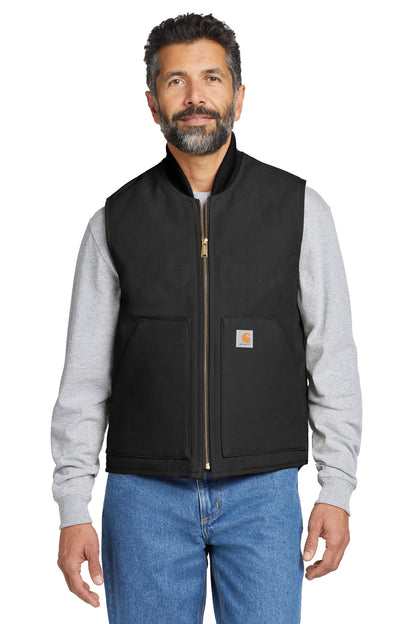 Front View of Black Carhartt Duck Vest. CT106676