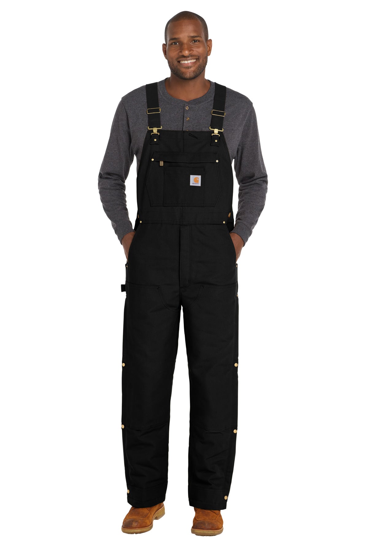 Front View of Black Carhartt Firm Duck Insulated Bib Overalls CT106672