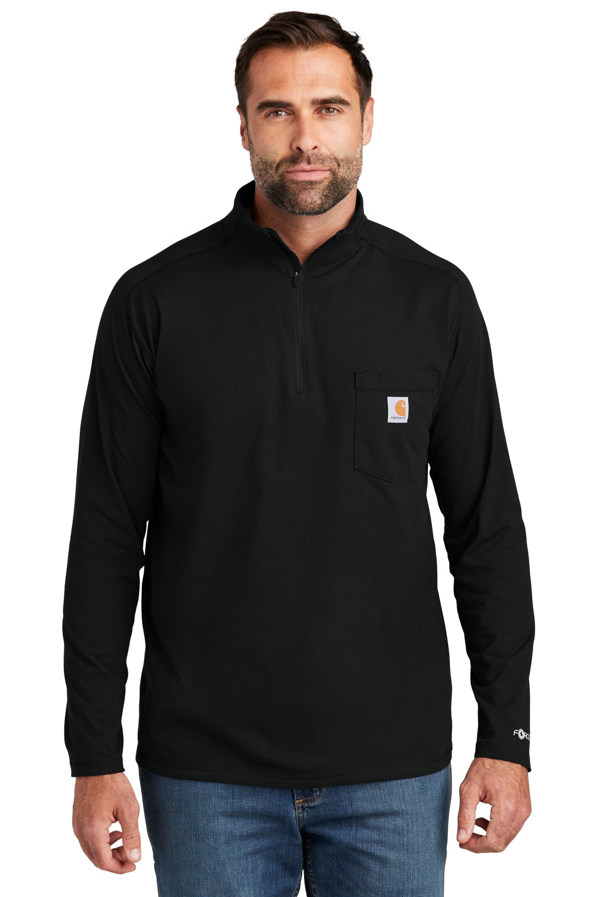 Front View of Black Carhartt Force 1/4-Zip Long Sleeve T-Shirt CT106660