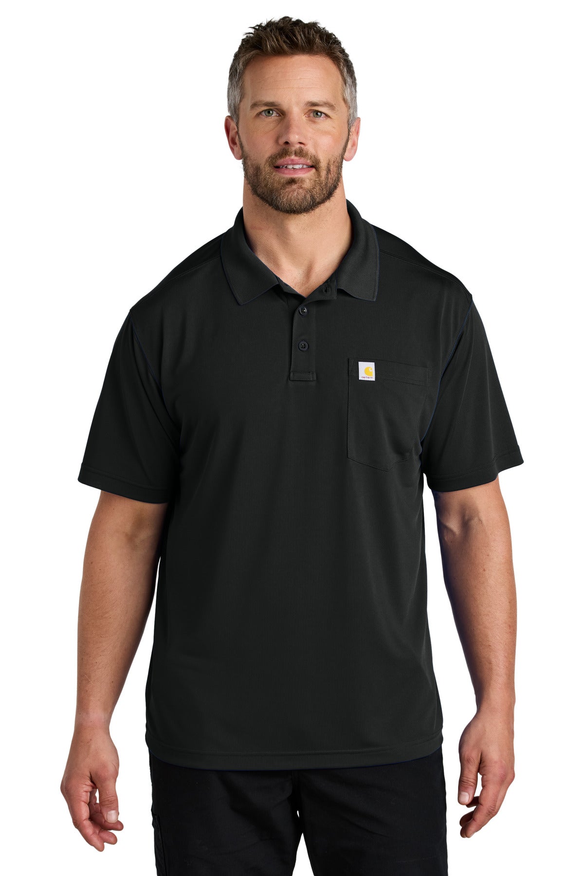 Front View of Black Carhartt Force Snag-Resistant Pocket Polo CT106880