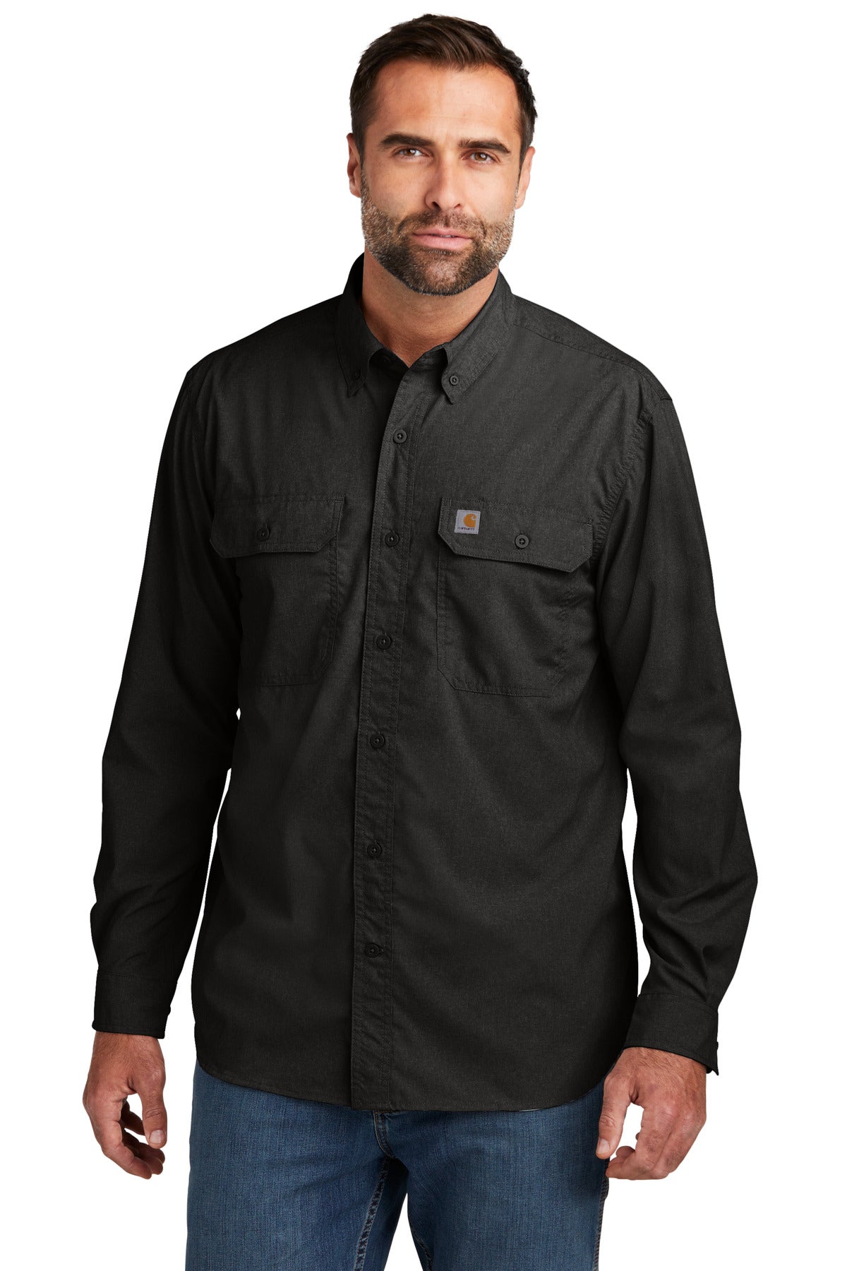 Front View of Black Carhartt Force Solid Long Sleeve Shirt CT105291