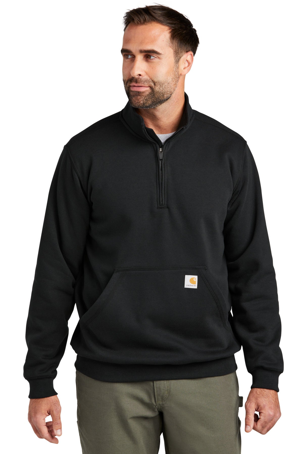 Front View of Black Carhartt Midweight 1/4-Zip Mock Neck Sweatshirt CT105294