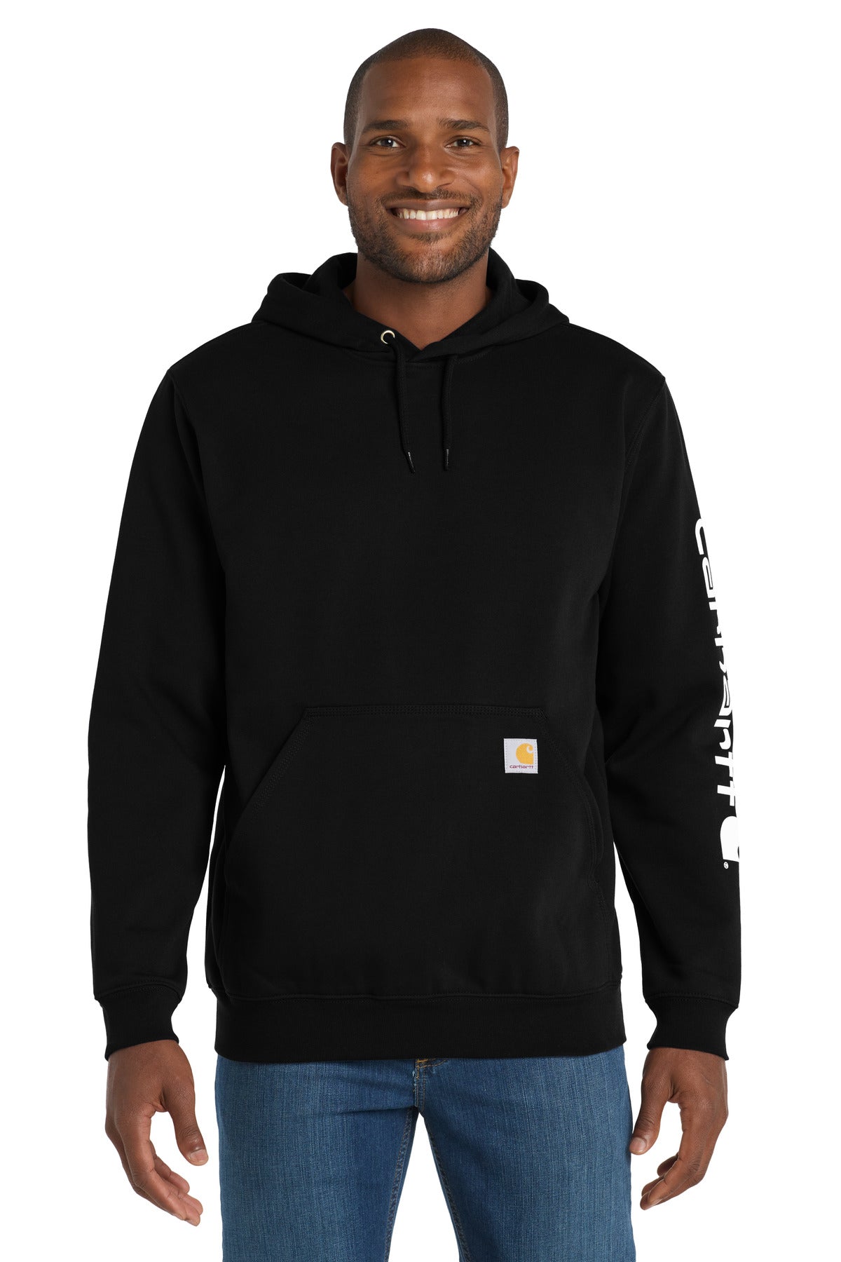 Front View of Black Carhartt Midweight Hooded Logo Sweatshirt CTK288