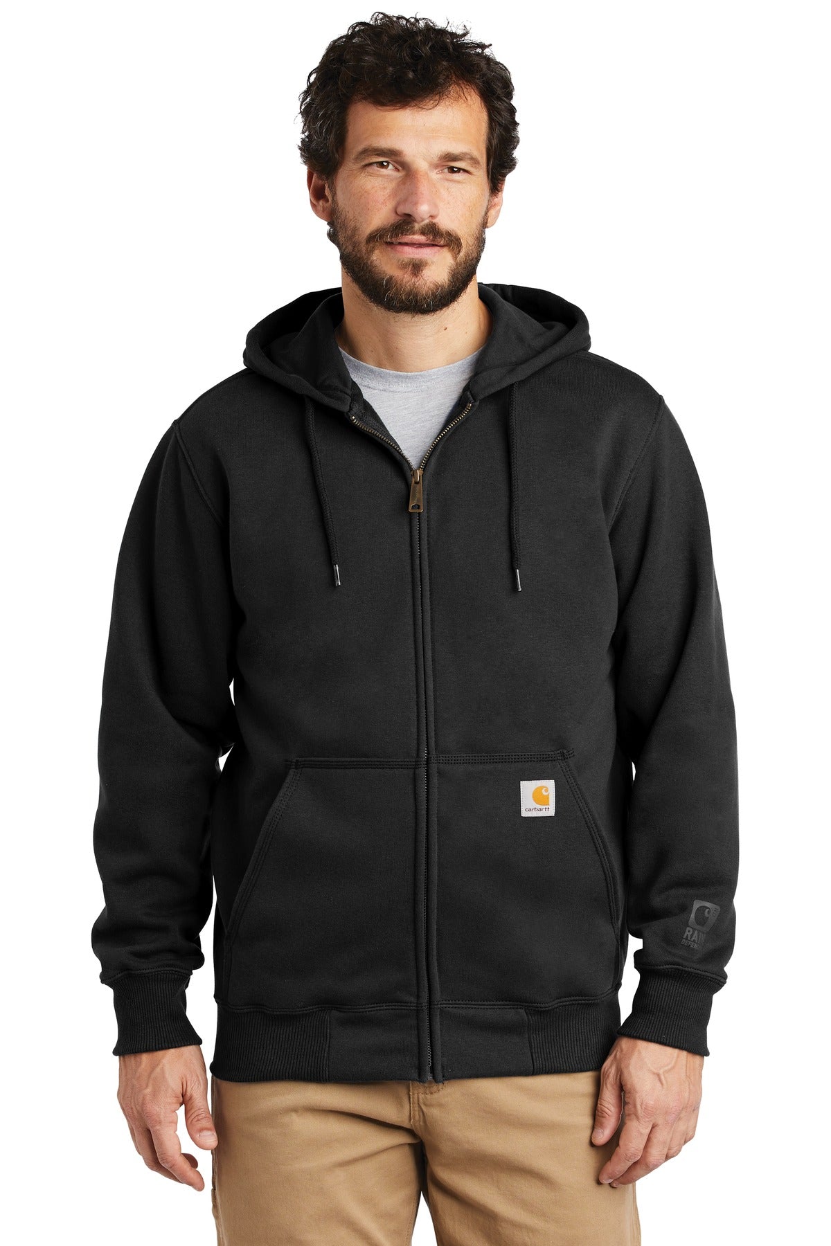 Front View of Black Carhartt Rain Defender Paxton Heavyweight Hooded Zip-Front Sweatshirt. CT100614