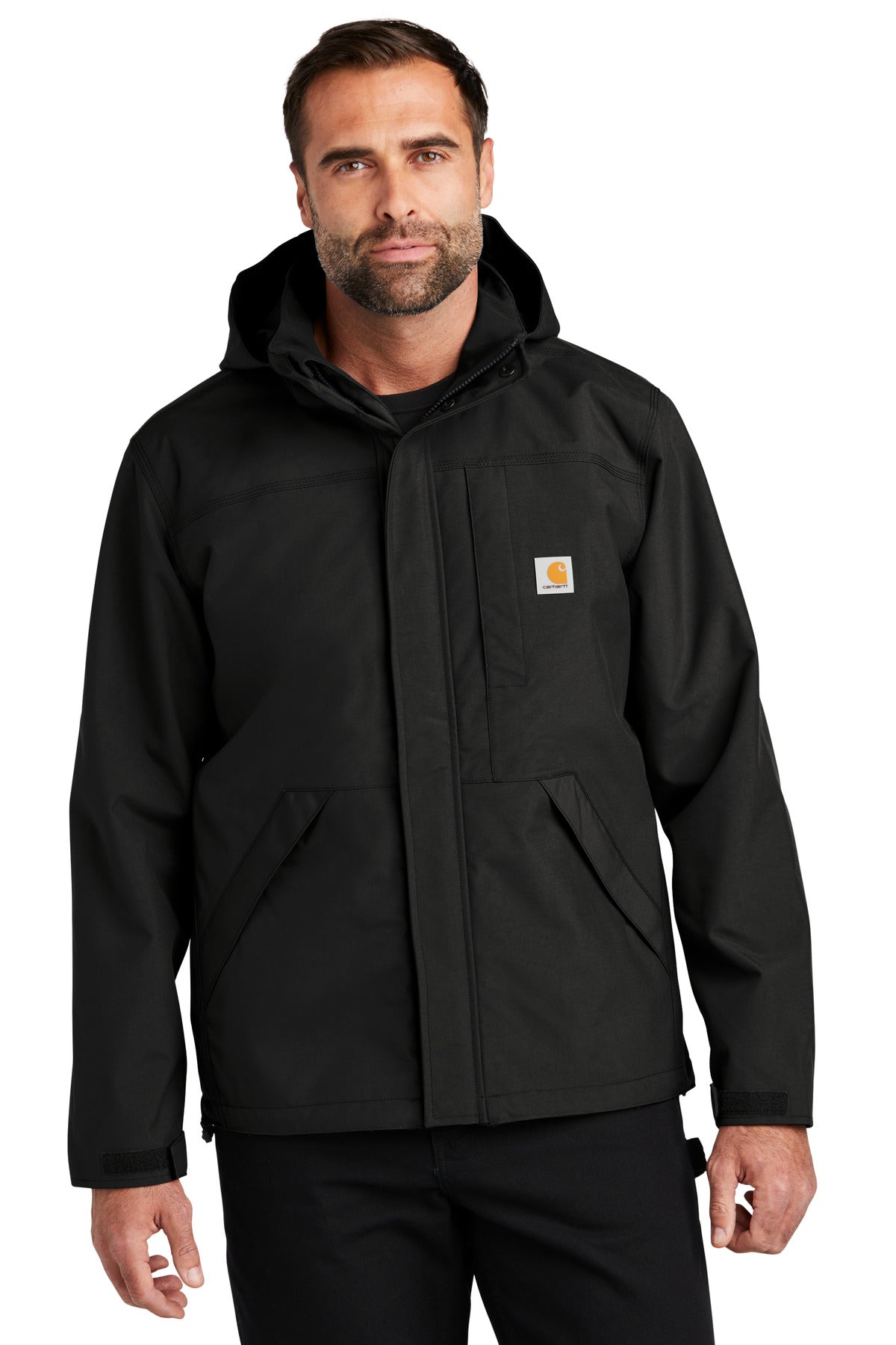 Front View of Black Carhartt Storm Defender Shoreline Jacket CT104670