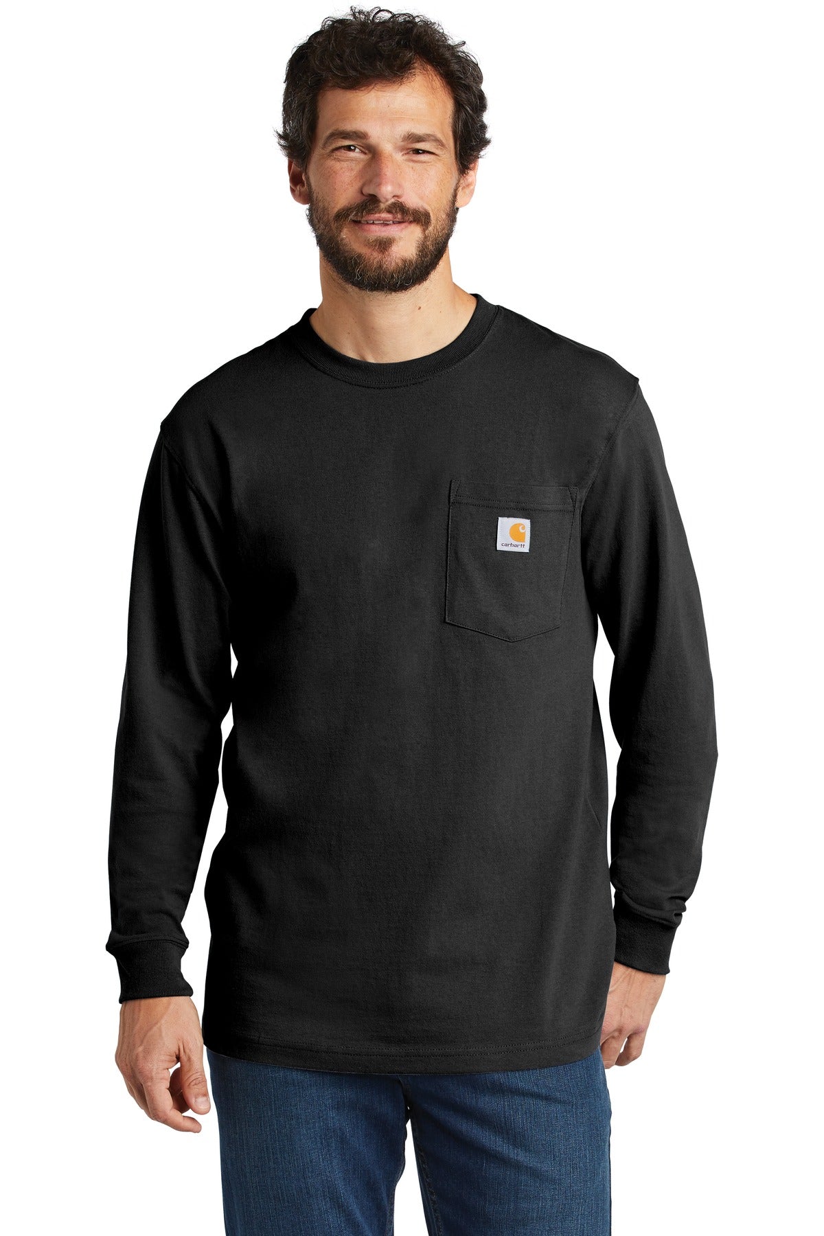 Front View of Black Carhartt Workwear Pocket Long Sleeve T-Shirt. CTK126