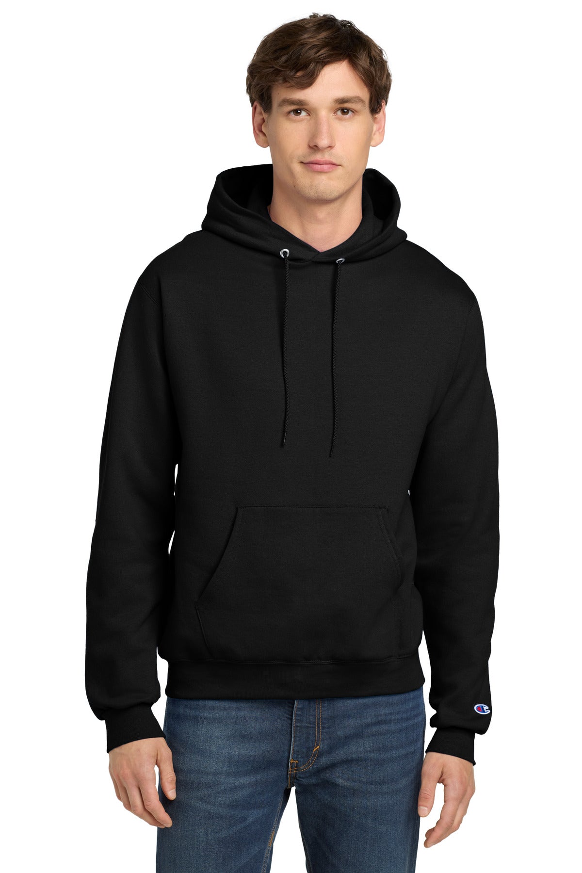 Front View of Black Champion Powerblend Pullover Hoodie. S700