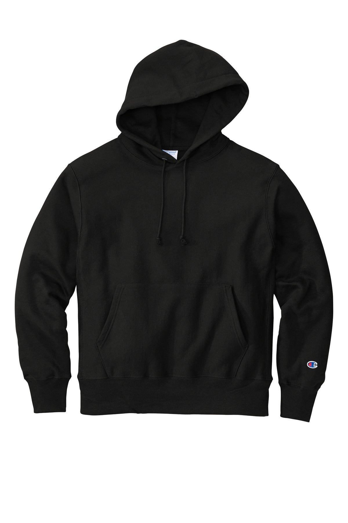 Front View of Black Champion Reverse Weave Hooded Sweatshirt S101