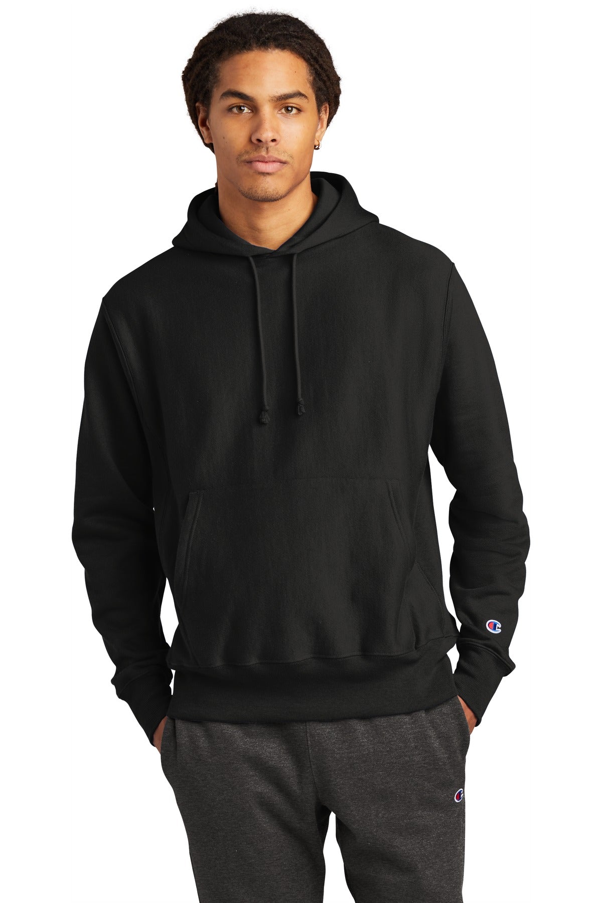 Front View of Black Champion Reverse Weave Hooded Sweatshirt S101
