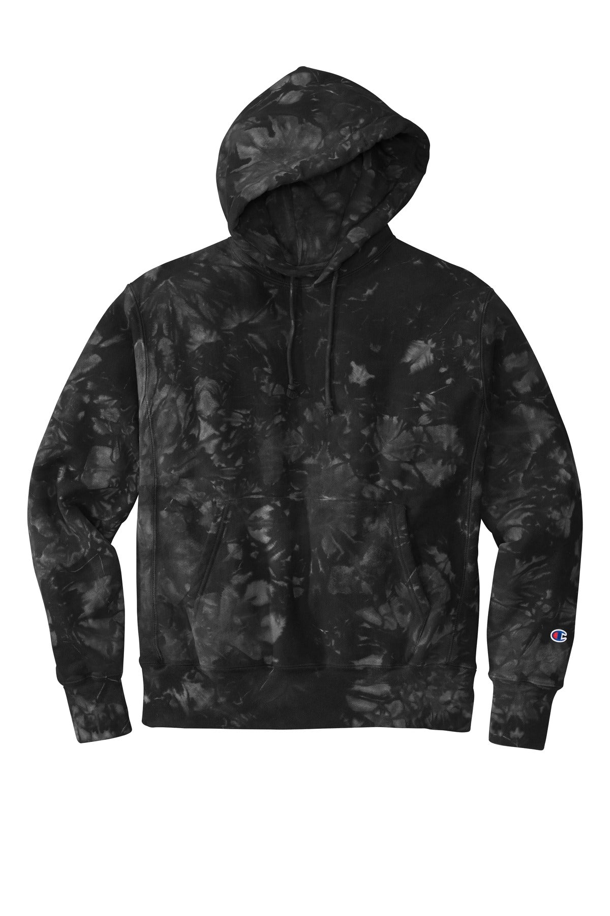 Front View of Black Champion Reverse Weave Scrunch-Dye Tie-Dye Hooded Sweatshirt. TDS101