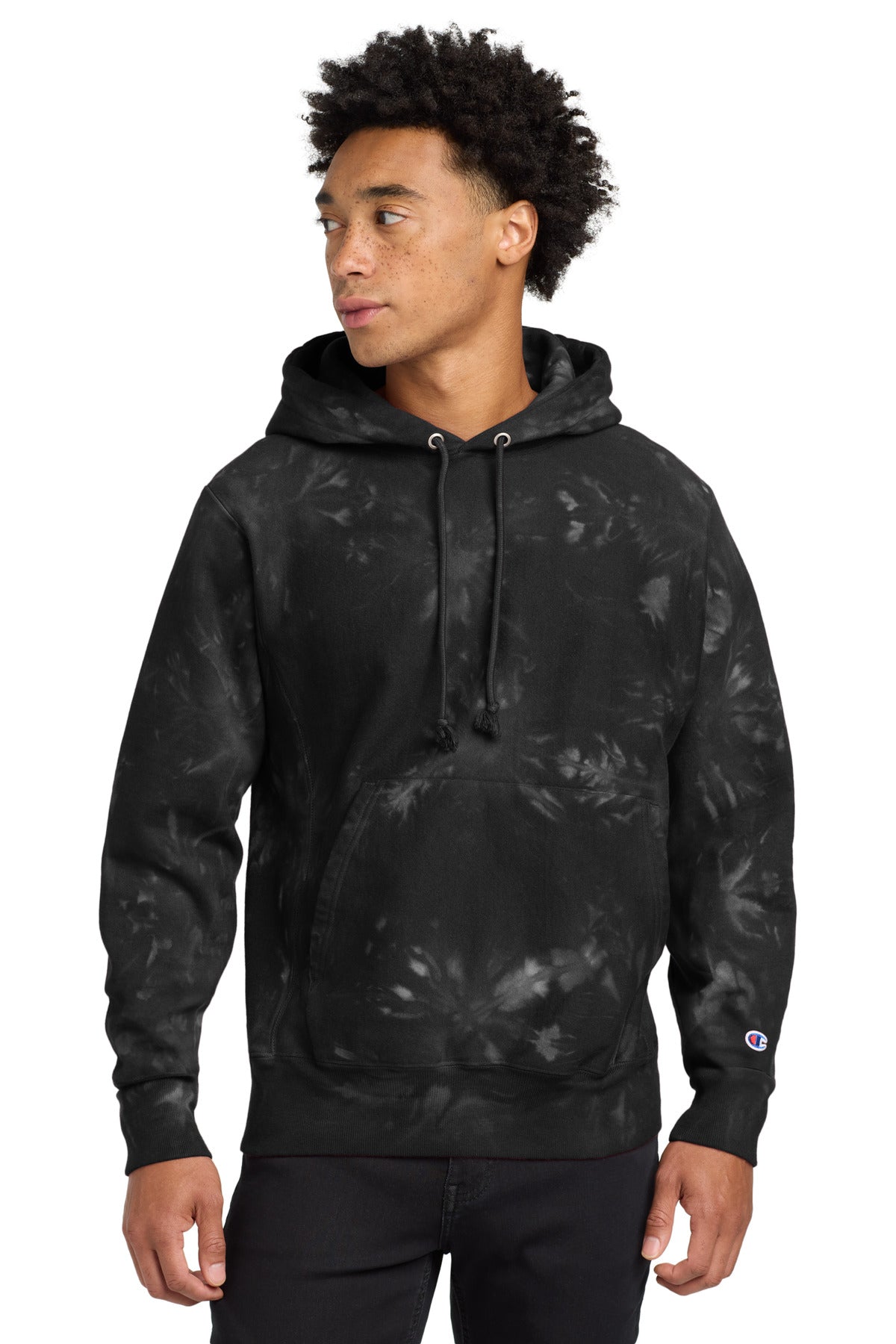 Front View of Black Champion Reverse Weave Scrunch-Dye Tie-Dye Hooded Sweatshirt. TDS101