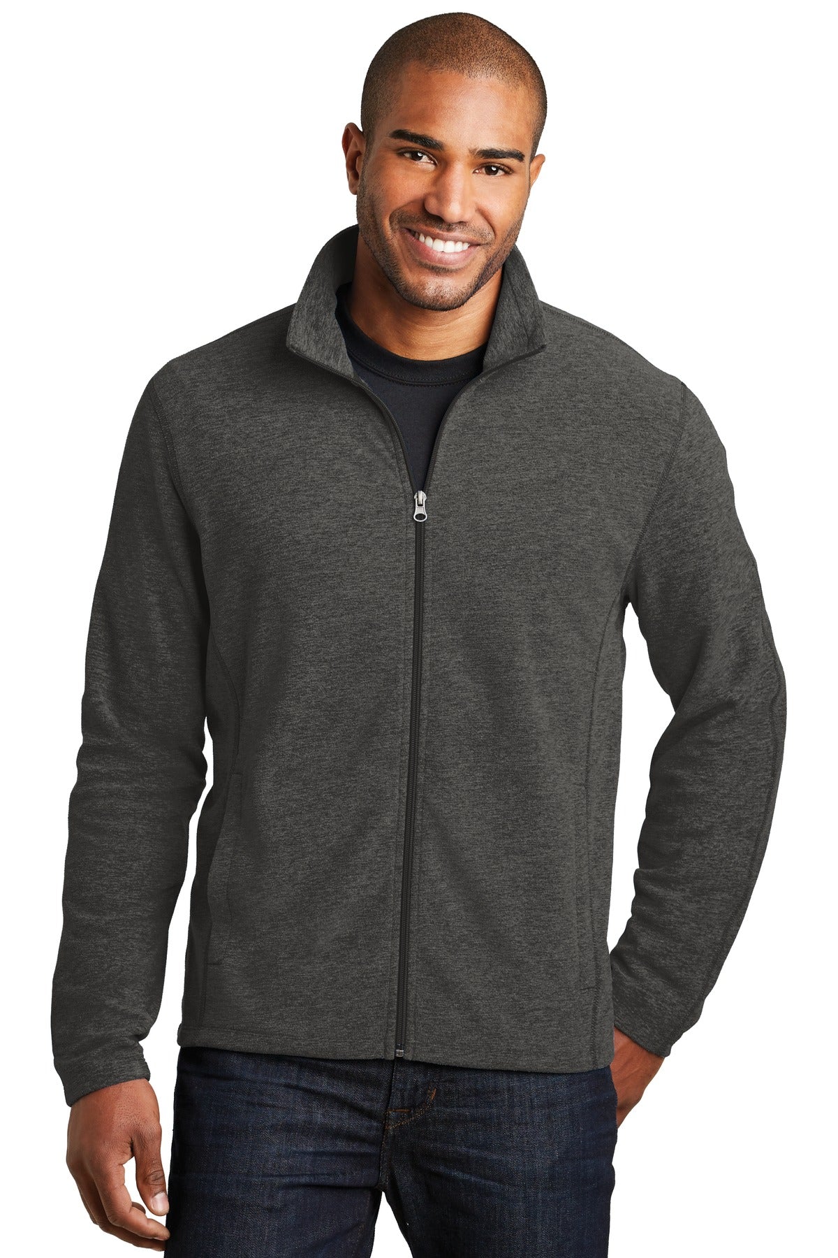Front View of Black Char Hea Port Authority Heather Microfleece Full-Zip Jacket. F235