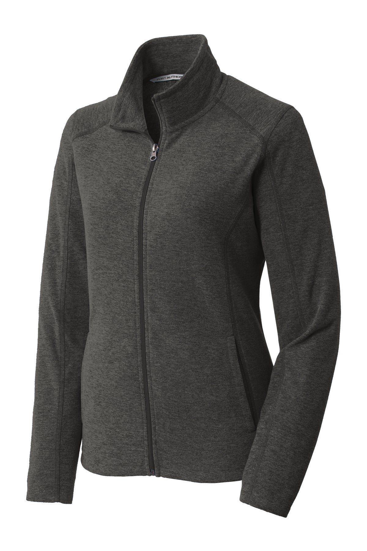Front View of Black Char Hea Port Authority Women's Heather Microfleece Full-Zip Jacket. L235