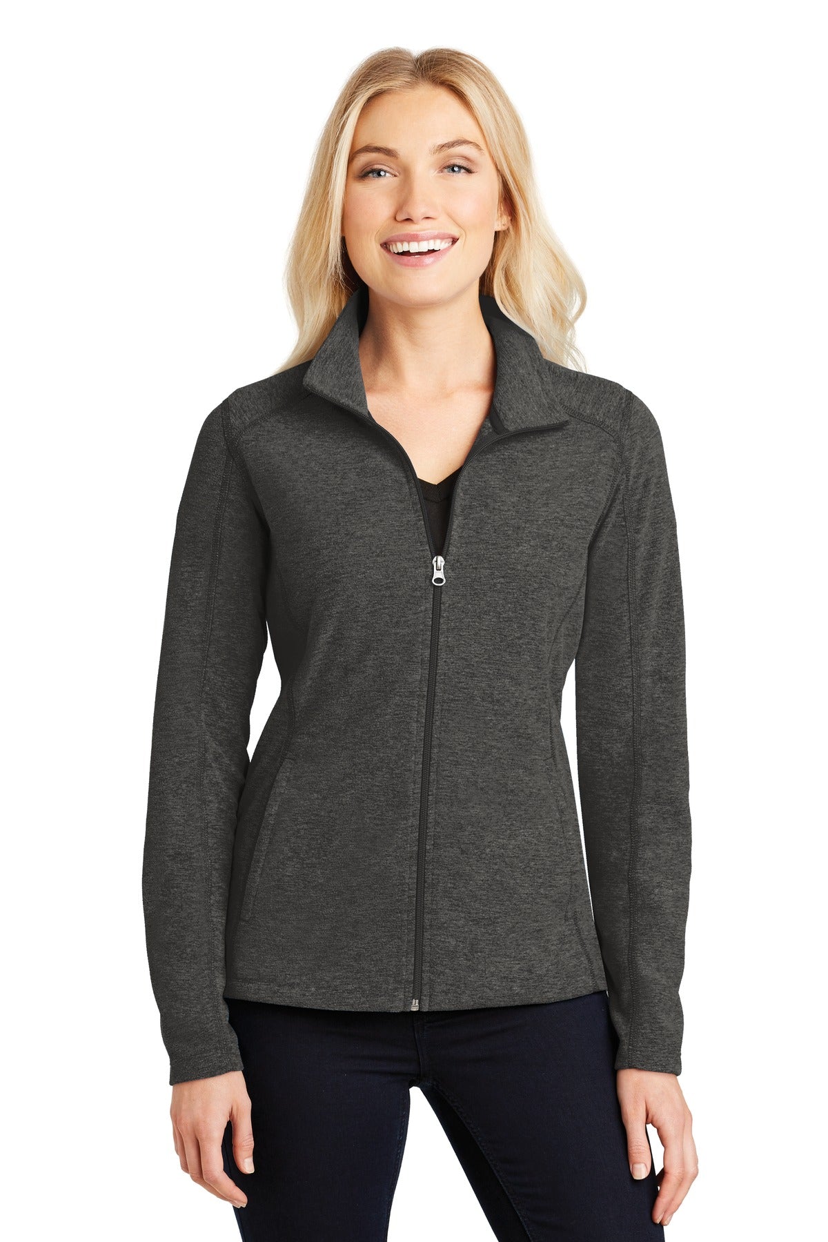 Front View of Black Char Hea Port Authority Women's Heather Microfleece Full-Zip Jacket. L235