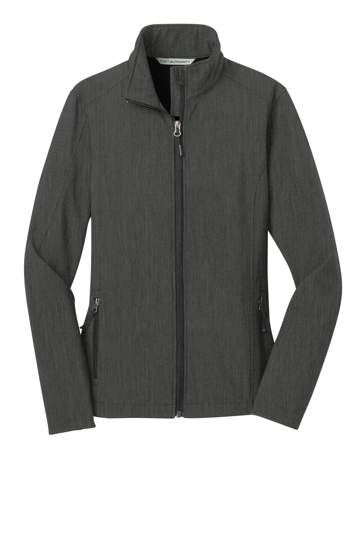 Front View of Black Char Hth Port Authority Women's Core Soft Shell Jacket. L317