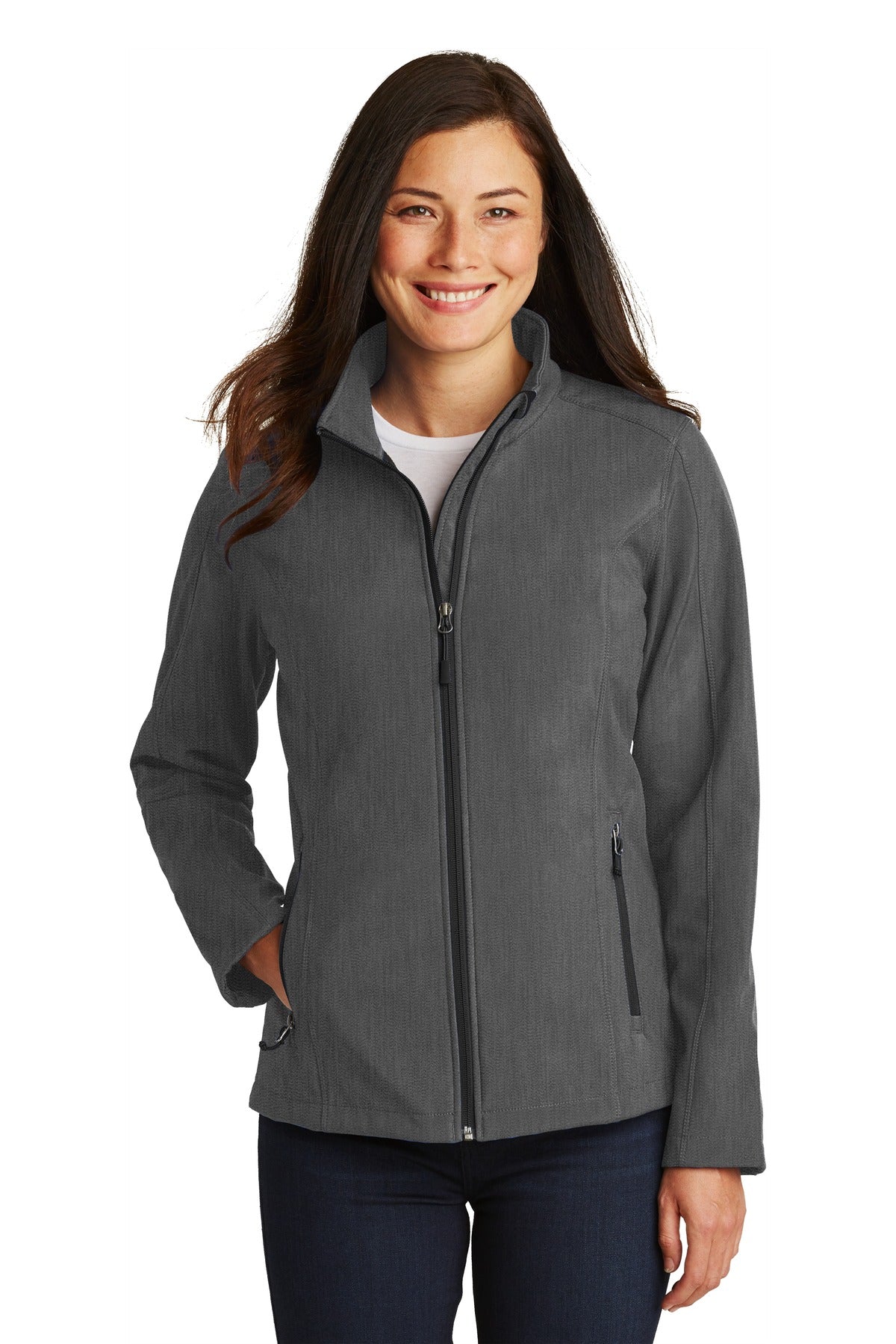 Front View of Black Char Hth Port Authority Women's Core Soft Shell Jacket. L317