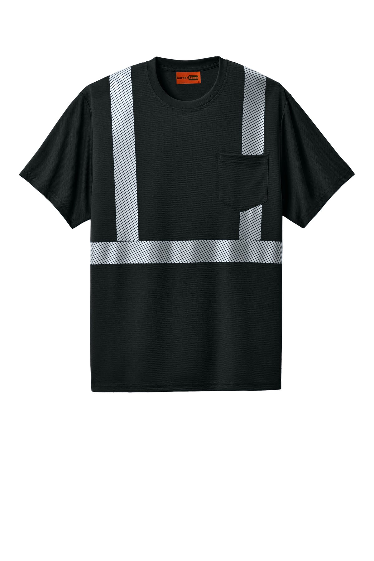 Front View of Black CornerStone Enhanced Visibility Segmented Tape Tee CS206