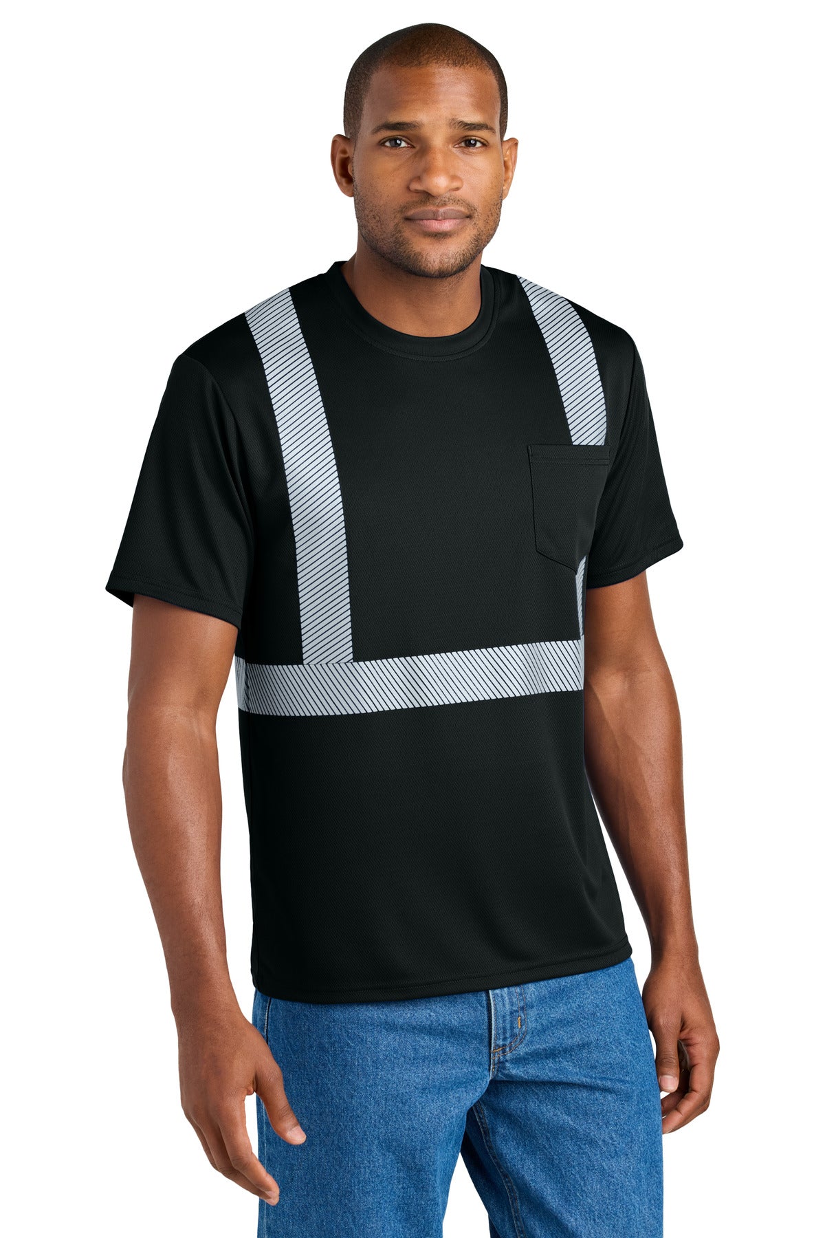 Front View of Black CornerStone Enhanced Visibility Segmented Tape Tee CS206