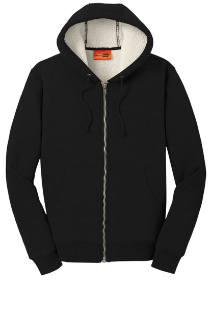 Front View of Black CornerStone Heavyweight Sherpa-Lined Hooded Fleece Jacket. CS625