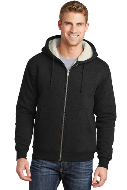 Front View of Black CornerStone Heavyweight Sherpa-Lined Hooded Fleece Jacket. CS625
