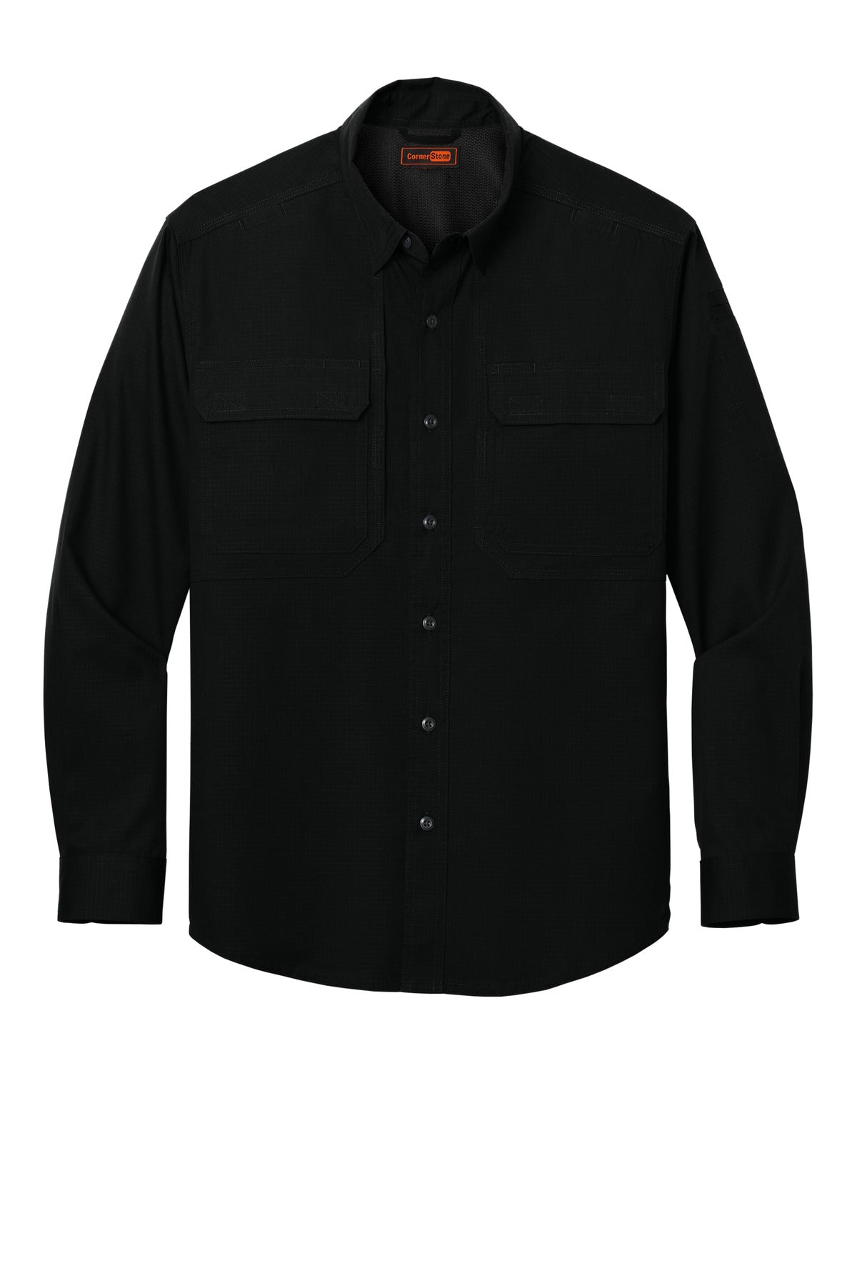 Front View of Black CornerStone Long Sleeve Select Tactical Shirt CSW176