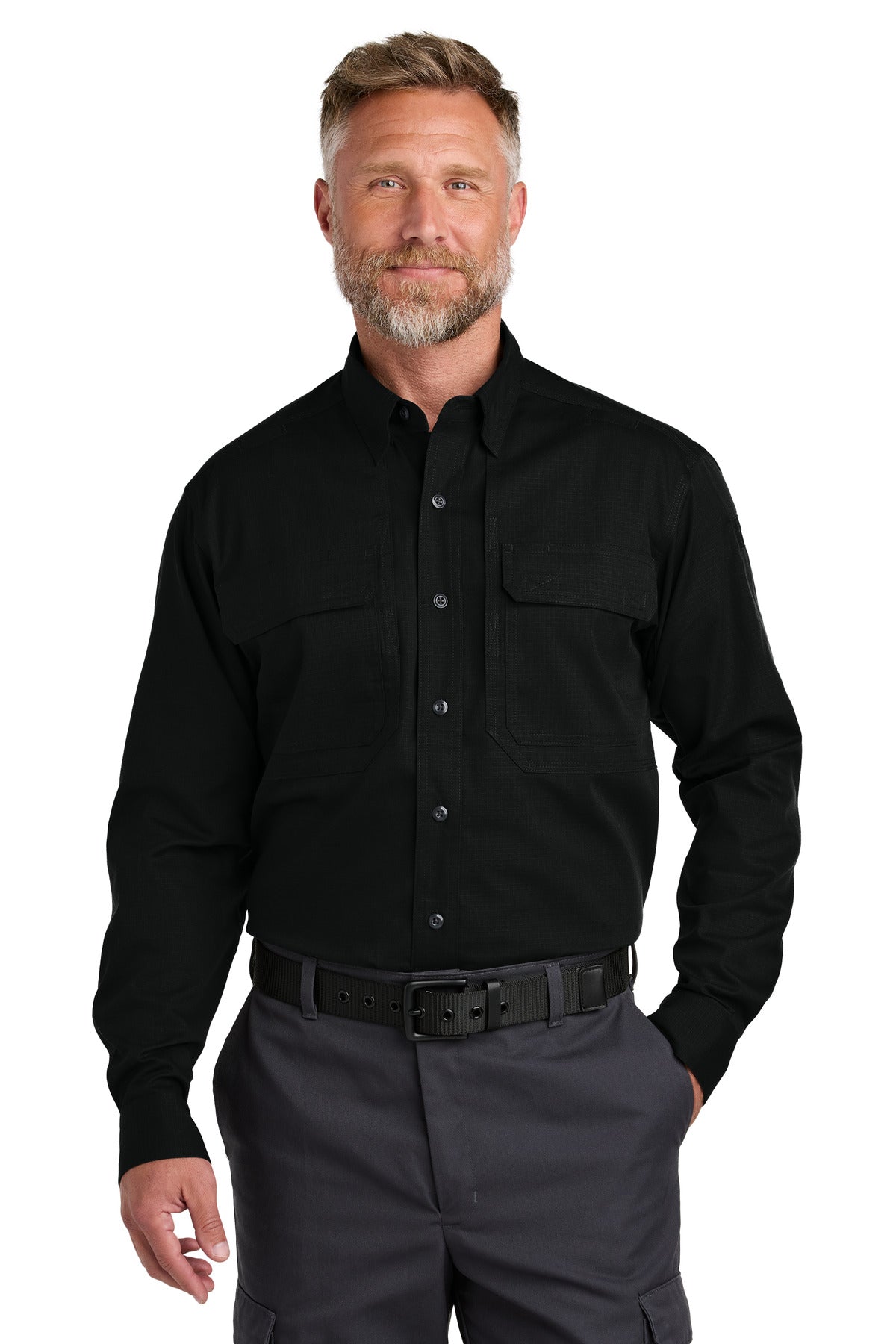Front View of Black CornerStone Long Sleeve Select Tactical Shirt CSW176