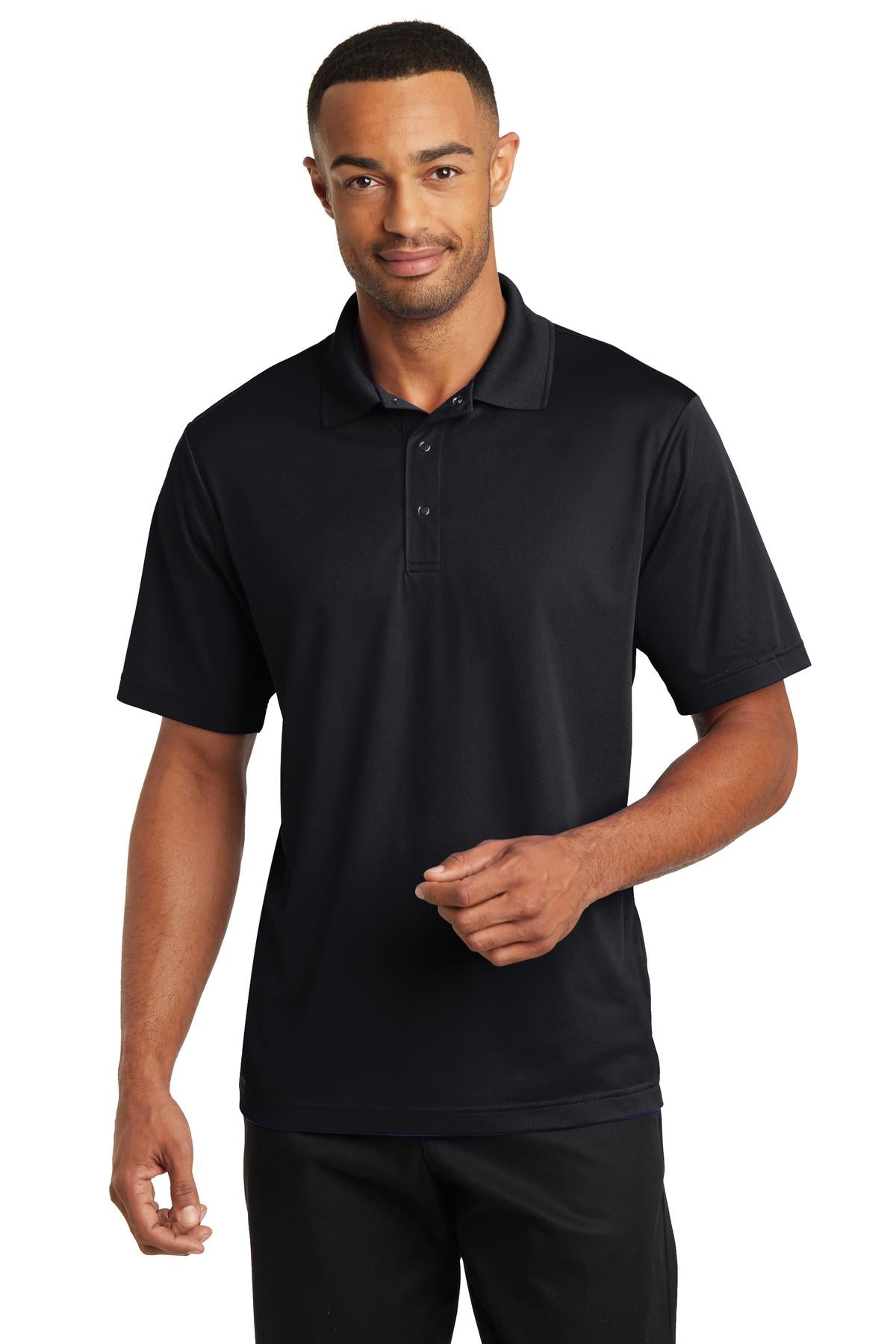 Front View of Black CornerStone Micropique Gripper Polo. CS421